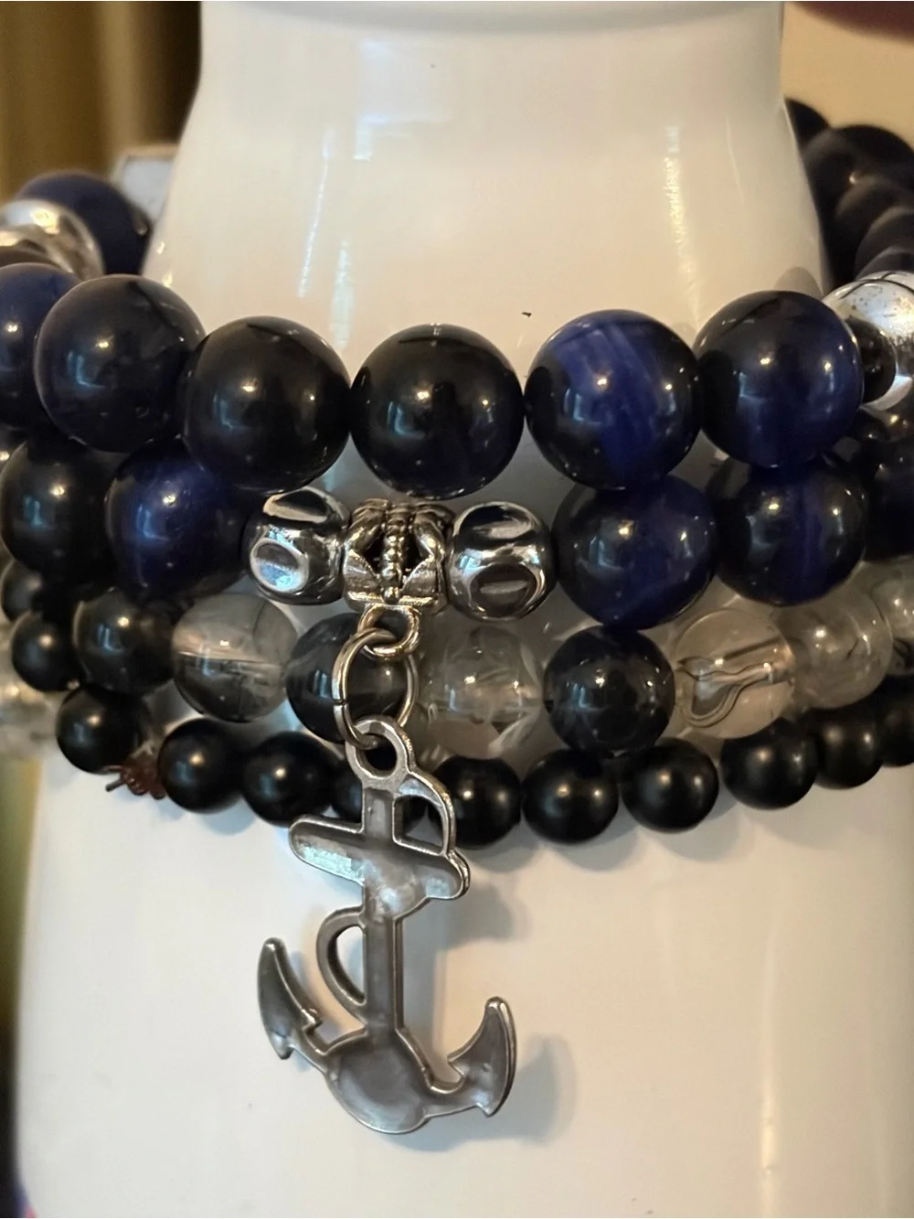Men's Black & Navy Beaded Anchor Bracelet Stack